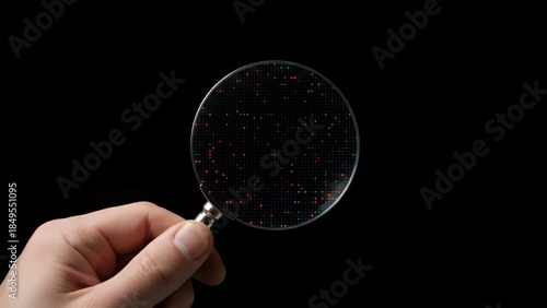 Hand holding magnifying glass on black background.