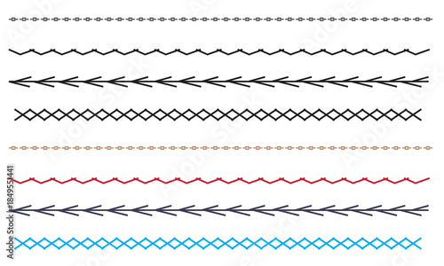Embroidery stitch pattern sampler. Collection of decorative embroidery and sewing stitches arranged in vertical rows, showing  handmade patterns for textile, craft, and design inspiration.

