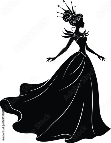 Silhouette of a Fairy-Tale Princess in a Long Flowing Gown
Magical Fantasy Theme Princess Silhouette Vector Illustration
Black Solid Shape Princess Silhouette Isolated on White Background