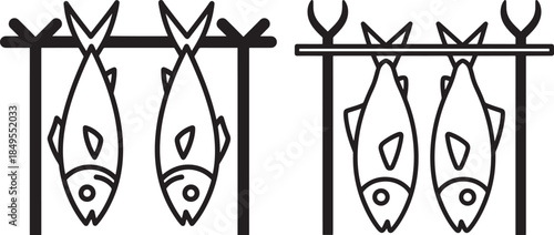 Dried fish silhouette hanging on wooden sticks illustration