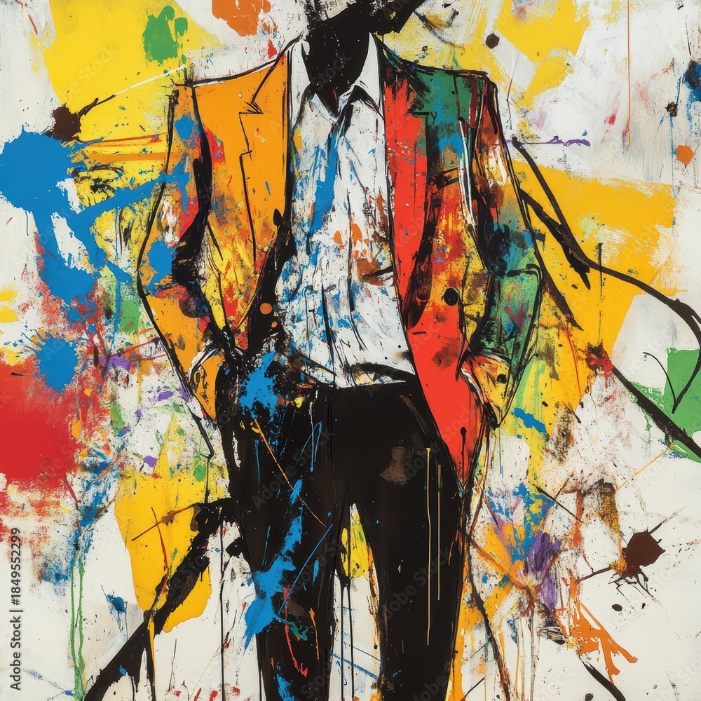 Fototapeta premium Abstract figure in a suit coat, artfully splattered with vibrant paint hues.