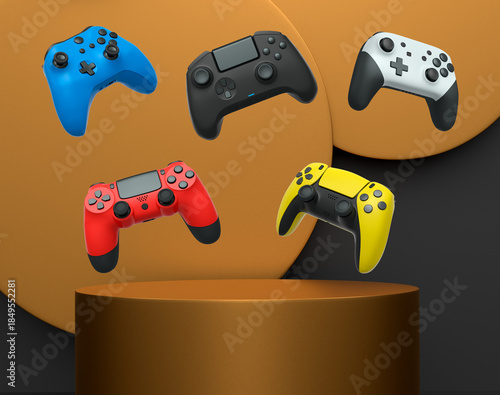 Colorful gaming controllers joystick levitating over podium against abstract background, minimalist concept device on pedestal