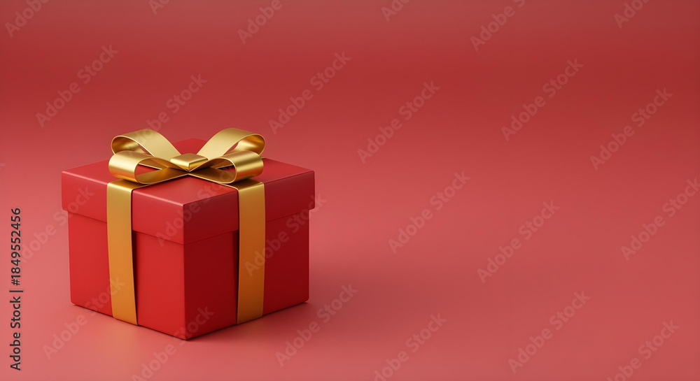 Obraz premium Luxury Red Gift Box with Gold Ribbon and Bow on Red Background with Copy Space