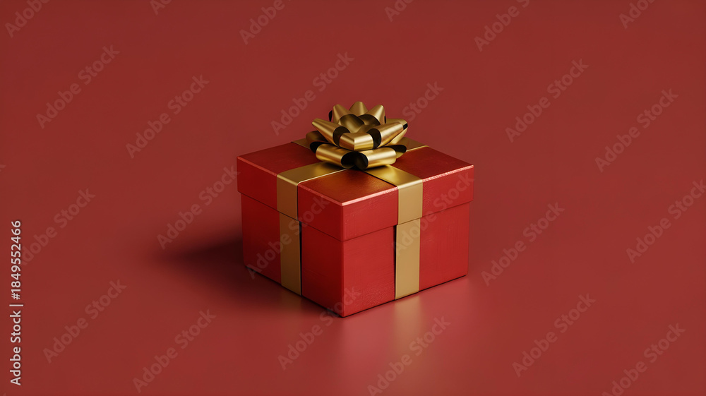Fototapeta premium Luxury Red Gift Box with Gold Ribbon and Bow on Red Background with Copy Space