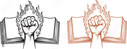 Power Fist Rising From Open Book Vector Illustration Symbolic Line Art Design