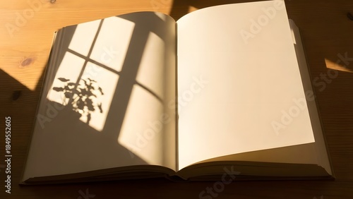 Open book with sunlight and shadow on pages.