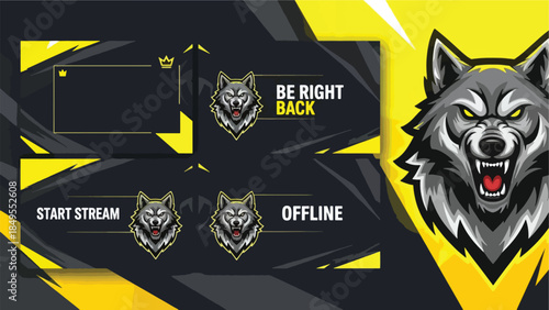 Dynamic Yellow and Black Wolf Mascot Gaming Stream Overlay Package
