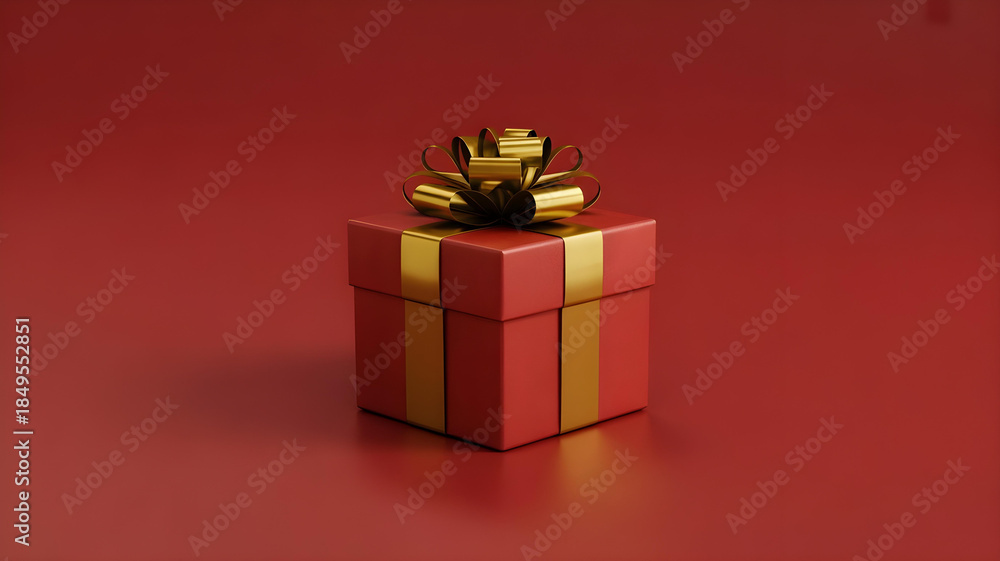 Obraz premium Luxury Red Gift Box with Gold Ribbon and Bow on Red Background with Copy Space