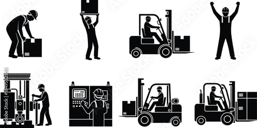 Industrial workers and forklift operation icons, factory labor activities, warehouse logistics process, manufacturing safety pictograms, flat black silhouette vector illustration