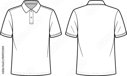 Polo shirt technical sketch, front back view, fashion flat design, garment template, collar detail, short sleeve, cad vector illustration