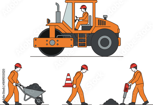 Road construction workers operating roller compactor, jackhammer, wheelbarrow, traffic cone, safety helmet, flat vector illustration for infrastructure development projects design