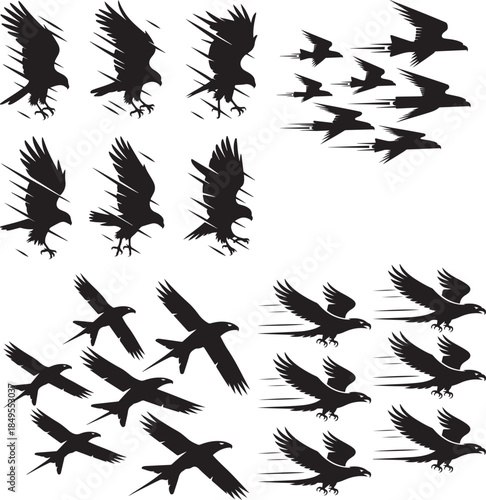 collection of black silhouettes of people running and jumping in various poses