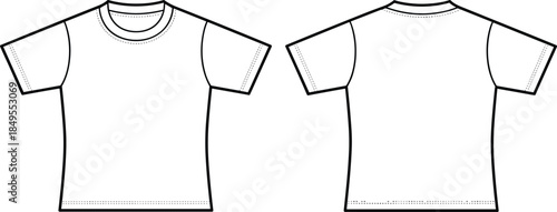 T shirt CAD drawing flat vector illustration, front back view apparel template, technical fashion clothing design outline mockup isolated background