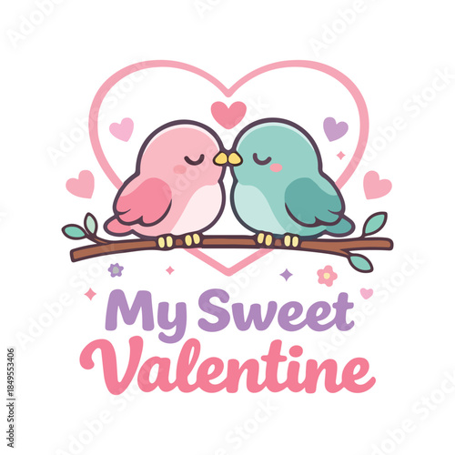Cute Kawaii Love Birds Kissing On A Branch With Heart Background My Sweet Valentine Holiday Design