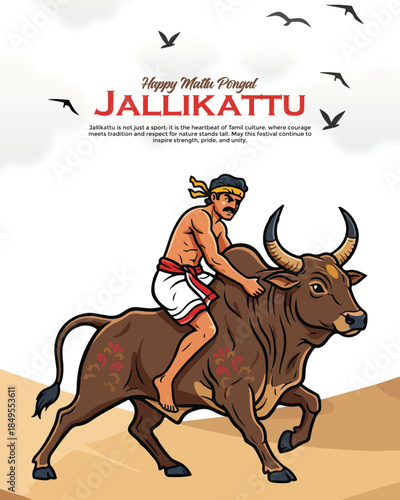 Jallikattu Festival Illustration with Bull Taming and Tamil Culture