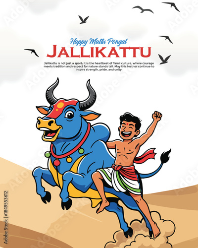 Jallikattu Festival Illustration with Bull Taming and Tamil Culture