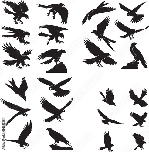 set of black silhouettes of people jumping and running on white background