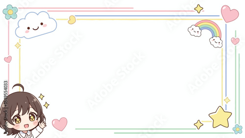 Cute Pastel Frame Design with Adorable Kawaii Characters and Rainbow