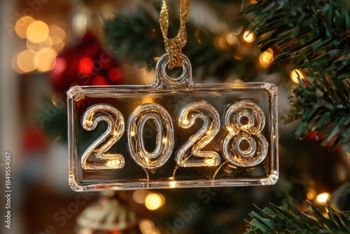 A festive holiday ornament with the year 2028 hanging amidst twinkling Christmas lights and vibrant decorations. ..Created with Generative AI, not depicting real subjects.