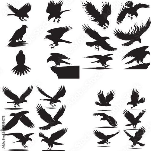 Silhouettes of people in various poses on white background