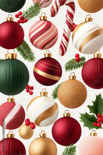 Festive Christmas ornaments with candy canes and pine greenery for a bright holiday scene