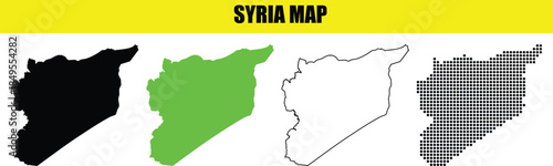 Syria Map Vector Collection with Black, Green, Grey Fills and Outline. 'SYRIA MAP'.