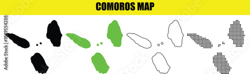 Comoros Islands Map Vector Graphic with 'COMOROS MAP' Text, Black, Green, Gray, and Outline Styles