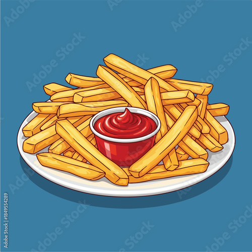 A plate of golden french fries with a small bowl of red ketchup in the center on a blue background.