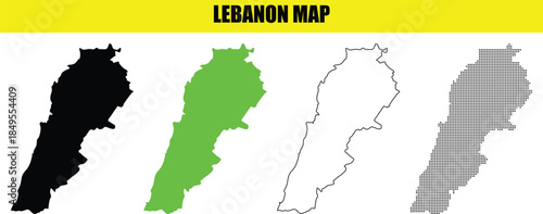 Vector Set of Lebanon Map in Black, Green, Outline, and Gray with 'LEBANON MAP' Text