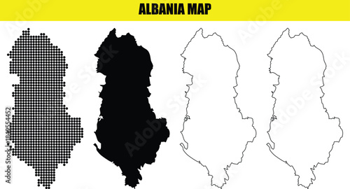 Albania Map Vector Collection with Black Silhouette, Outline, and Pixelated Styles