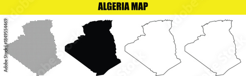 Vector set of diverse country map shapes and outlines in gray and black, with banner text 'ALGERIA MAP'