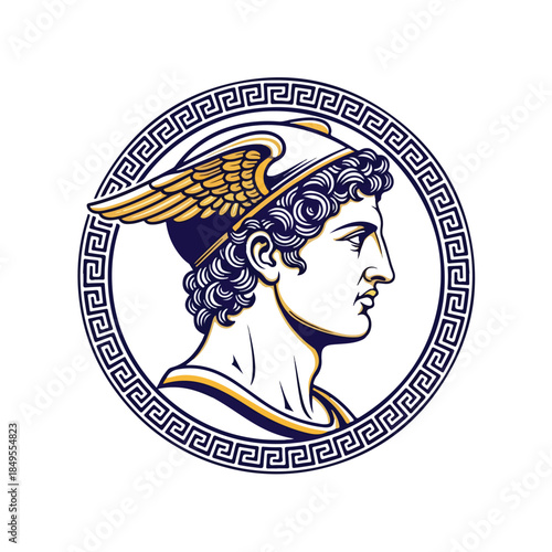 Ancient Greek God Hermes with Winged Helmet in a Circular Frame.