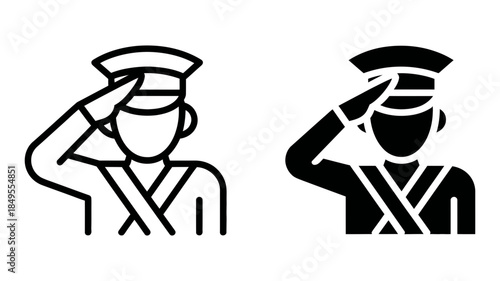 Military personnel saluting in uniform icon set.
