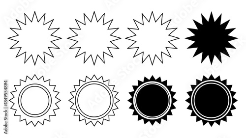 Collection of sunburst and starburst shapes in black and white outline