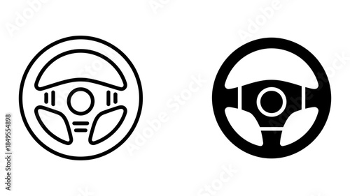 Simple outline and solid black icons of a car steering wheel