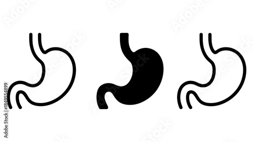 Stylized illustration of three human stomachs, two outlined and one filled black