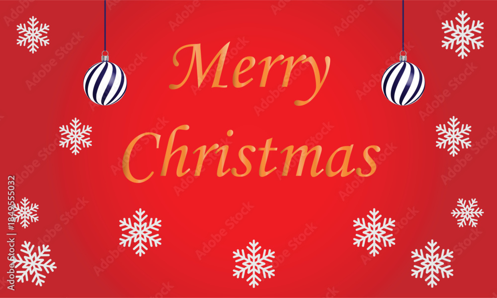 Naklejka premium Merry Christmas festive greeting card with red background, golden typography, hanging ornaments and white snowflakes, holiday celebration design banner