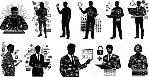 Technology silhouette icon set, cybersecurity and data analysis vector, digital transformation artwork, coding and IT strategy illustration, software development graphic