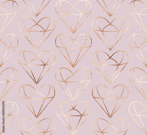 Geometric decorative seamless pattern with gold heart tiles.