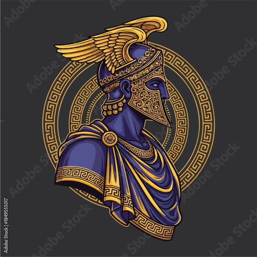 Ancient Greek Warrior in Ornate Helmet and Armor.