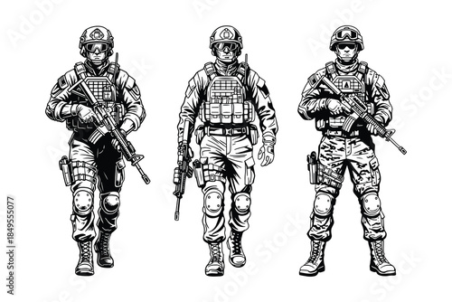 Armed Tactical Soldiers Set Black and White Military Line Art Illustration