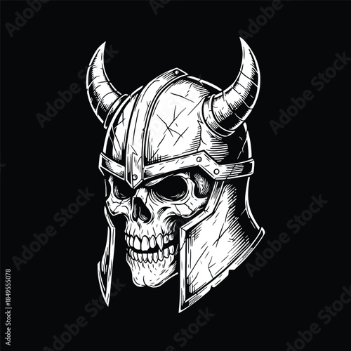 Viking Skull Helmet Black and White Line Art Illustration