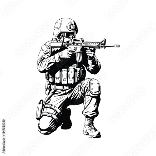 Tactical Armed Soldier, Military Combat Line Art Illustration	
