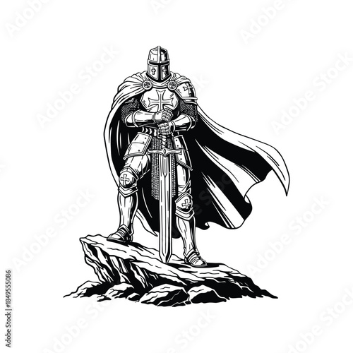 Medieval Knight Warrior with Sword Black and White Line Art Illustration
