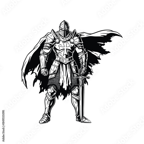Medieval Knight Warrior with Sword Black and White Line Art Illustration