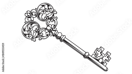 Ornate old key in vintage illustration style with black line art on white background for historical icon