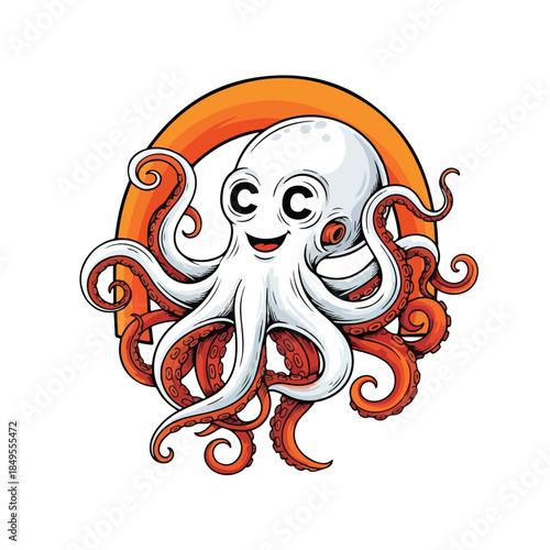 Cute cartoon octopus with a happy face and orange tentacles.