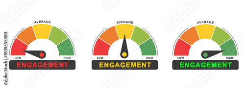 Engagement Level Meters: Low, Average, and High  isolated on white background