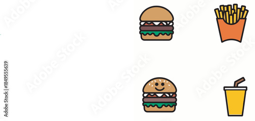 Fast food meal set with cheeseburgers, french fries, and a soft drink icon