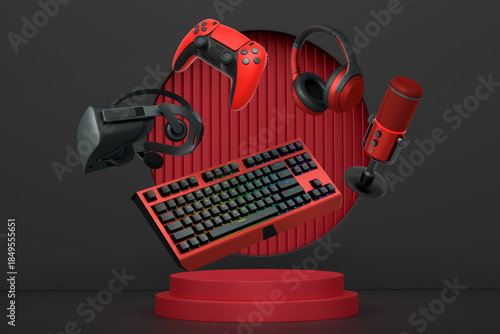 Gaming and streaming accessories including RGB keyboard, headphones, mic, VR glasses floating above podium